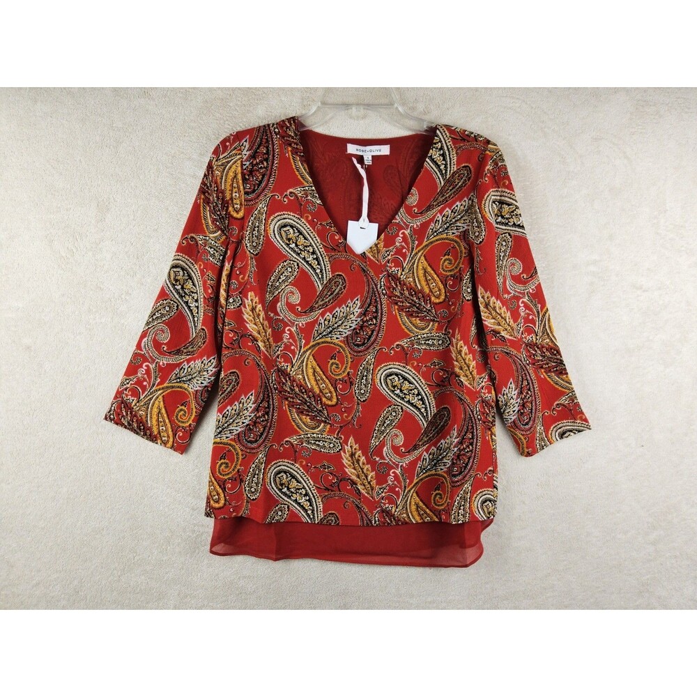 Rose + Olive Women's 3/4 Sleeve Chiffon Floral Paisley Blouse Top Size S